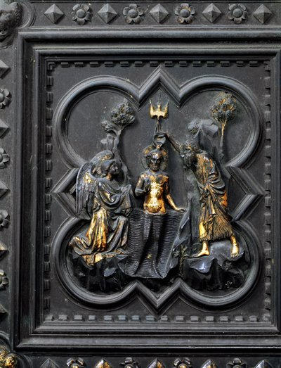 El bautismo de Cristo por San Juan Bautista, décimo panel de las puertas sur del Baptisterio de San Giovanni, 1336 de Andrea Pisano